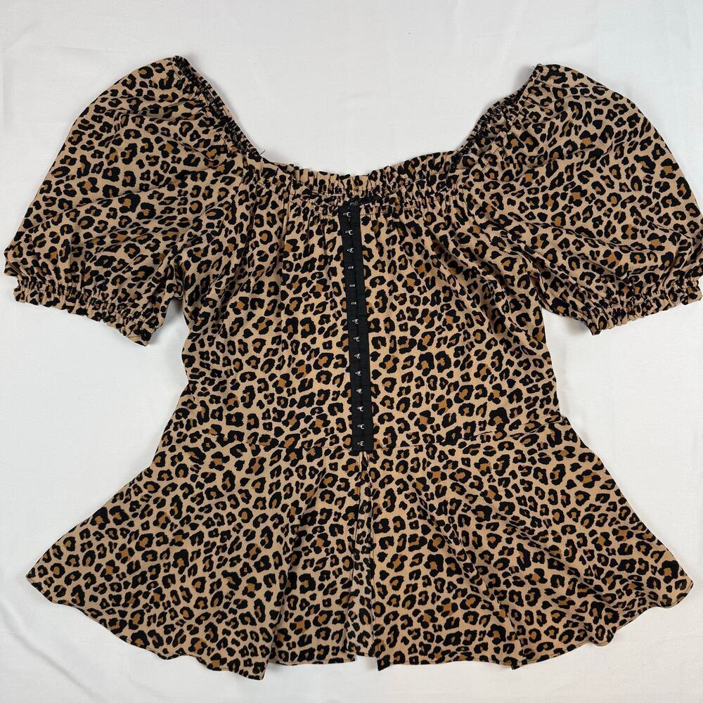City Chic Cheetah Corset Baby Doll Short Puff Sleeve Flowy Blouse Plus Size NWT